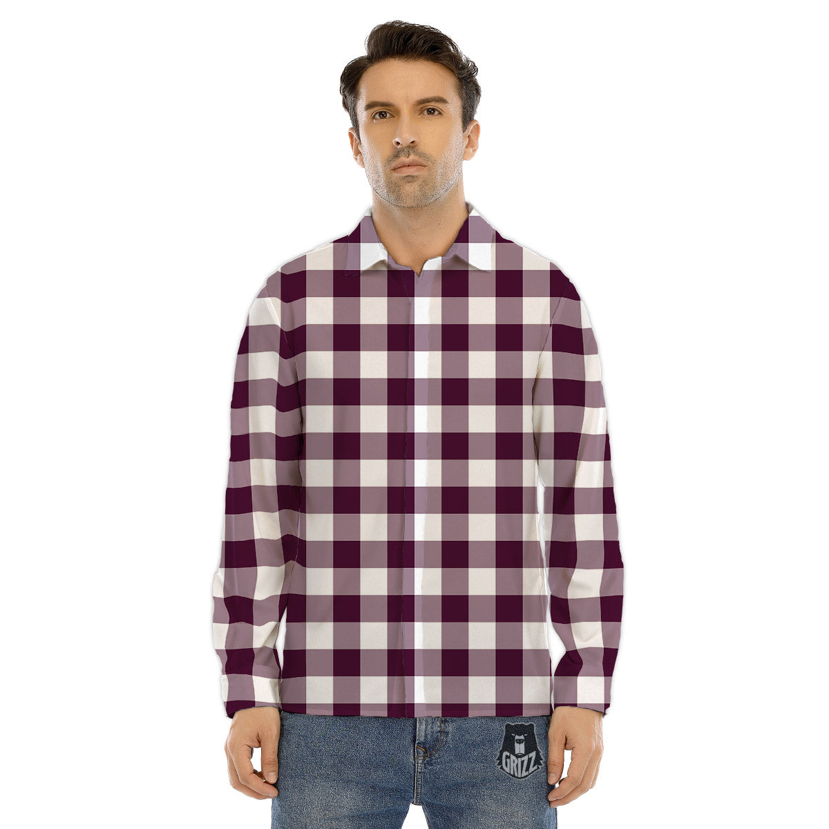 Check White And Burgundy Print Pattern Men's Dress Shirts-grizzshop