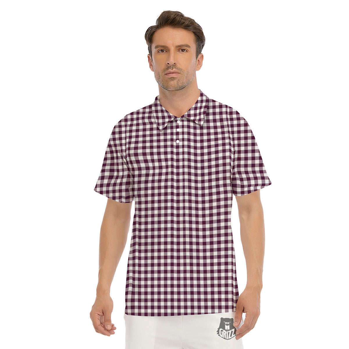 Check White And Burgundy Print Pattern Men's Golf Shirts-grizzshop