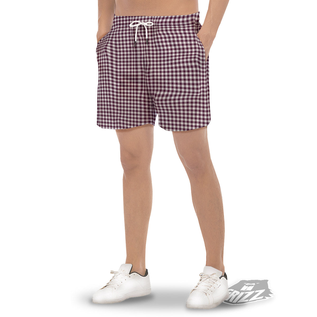 Check White And Burgundy Print Pattern Men's Gym Shorts-grizzshop
