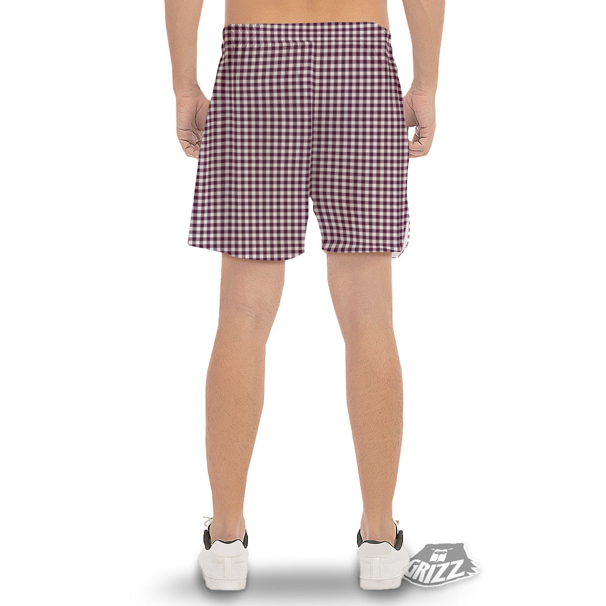 Check White And Burgundy Print Pattern Men's Gym Shorts-grizzshop