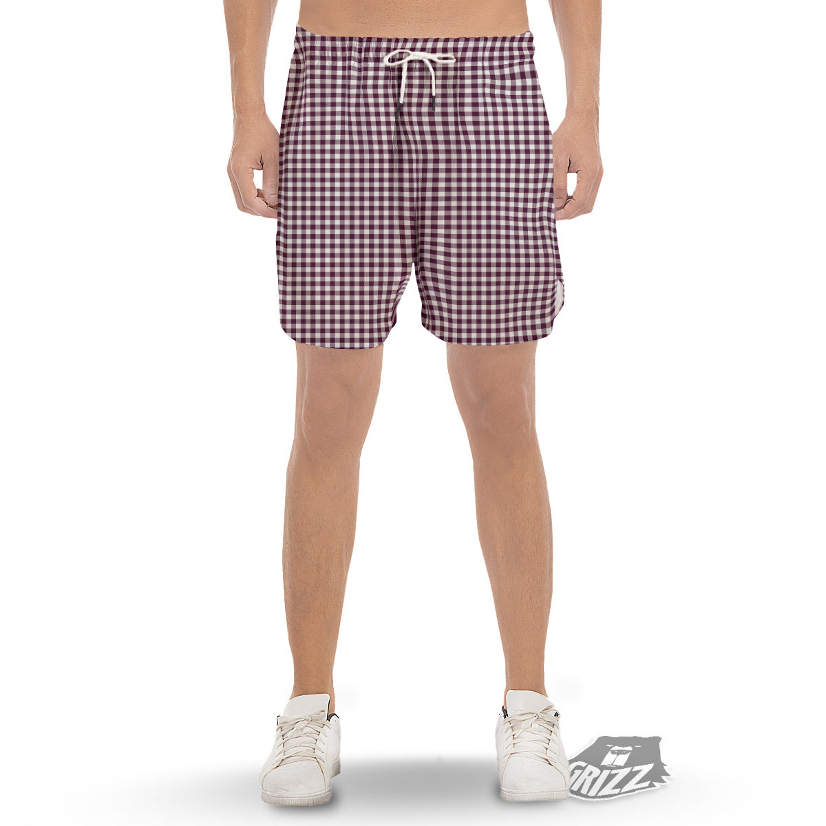 Check White And Burgundy Print Pattern Men's Gym Shorts-grizzshop