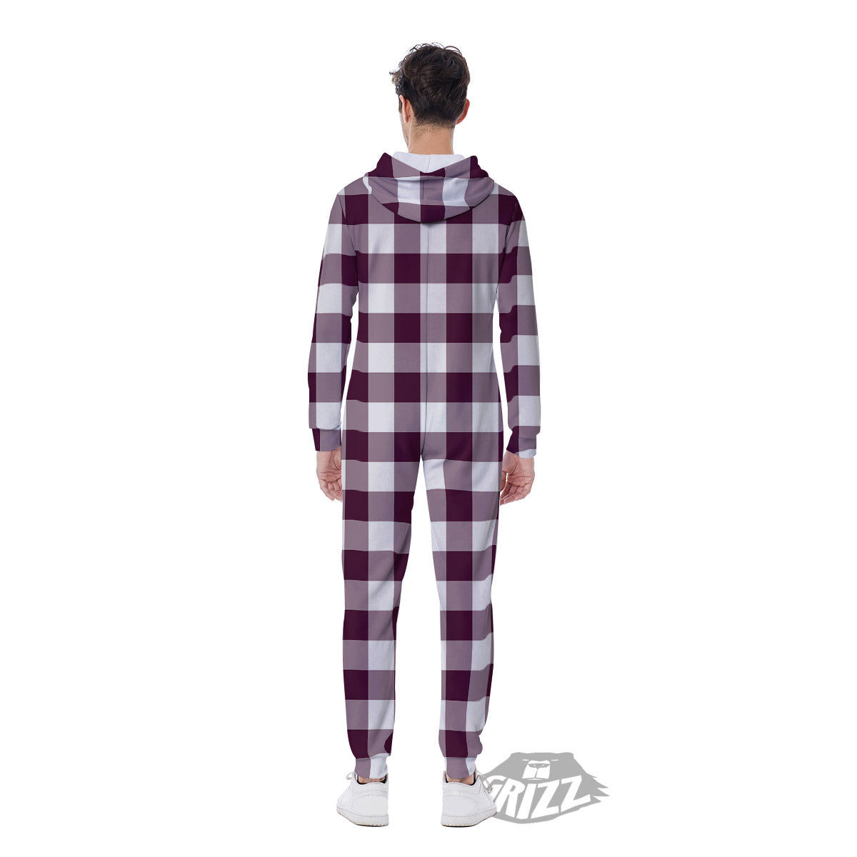 Check White And Burgundy Print Pattern Men's Jumpsuit-grizzshop