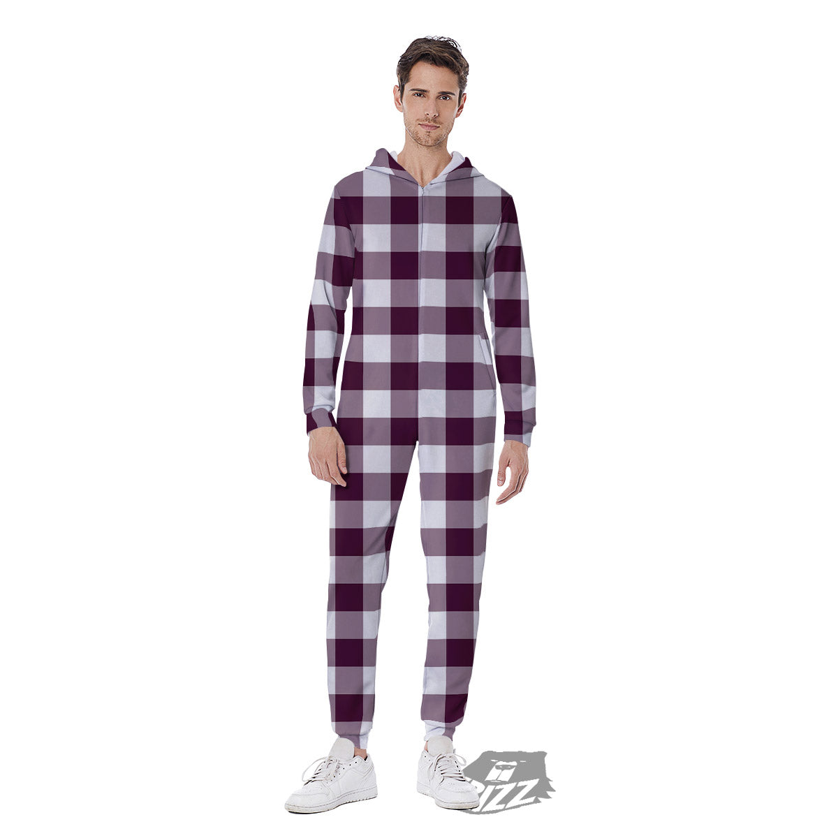 Check White And Burgundy Print Pattern Men's Jumpsuit-grizzshop