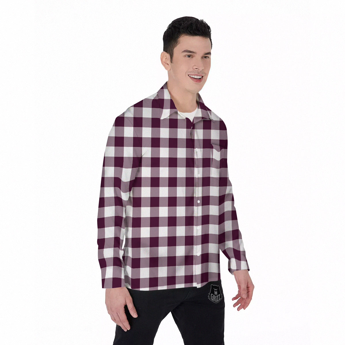 Check White And Burgundy Print Pattern Men's Long Sleeve Shirts-grizzshop