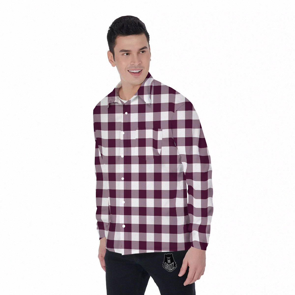 Check White And Burgundy Print Pattern Men's Long Sleeve Shirts-grizzshop