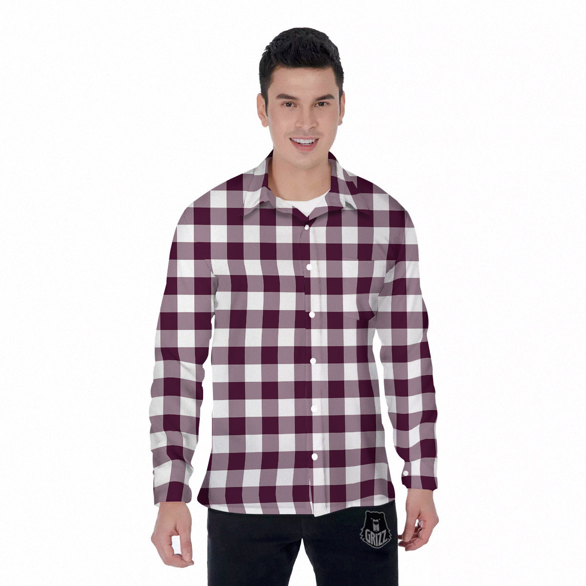Check White And Burgundy Print Pattern Men's Long Sleeve Shirts-grizzshop