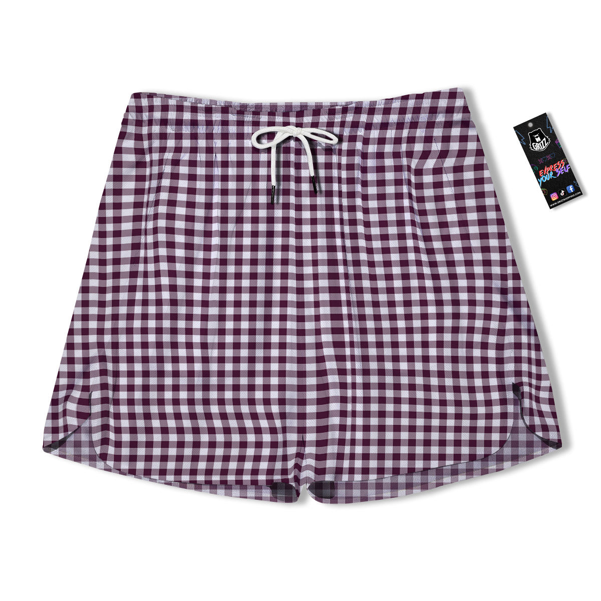 Check White And Burgundy Print Pattern Men's Running Shorts-grizzshop