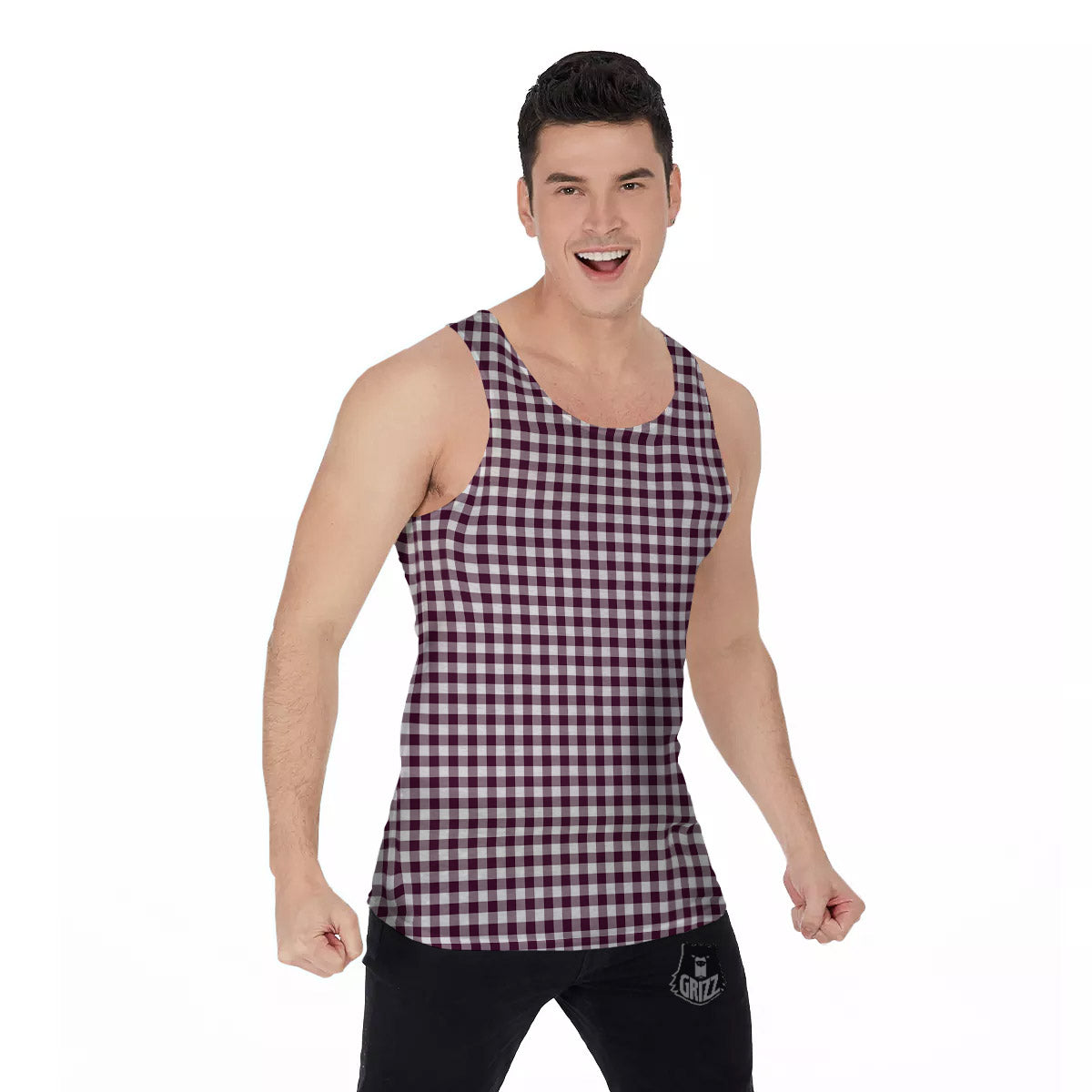 Check White And Burgundy Print Pattern Men's Tank Top-grizzshop