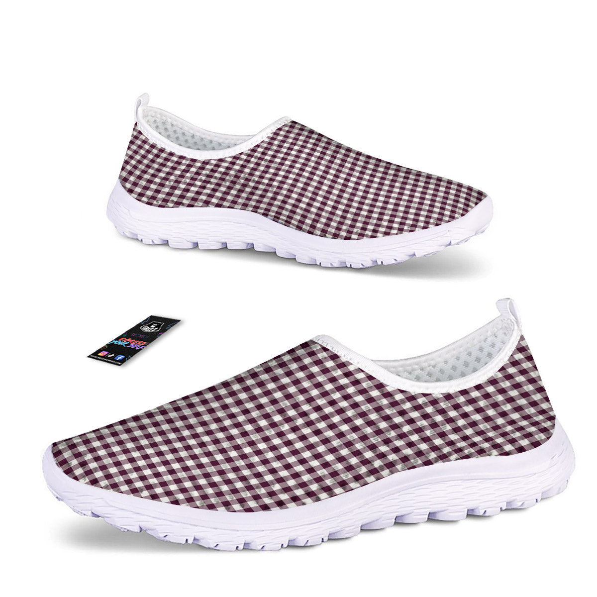 Check White And Burgundy Print Pattern Nurse Shoes-grizzshop