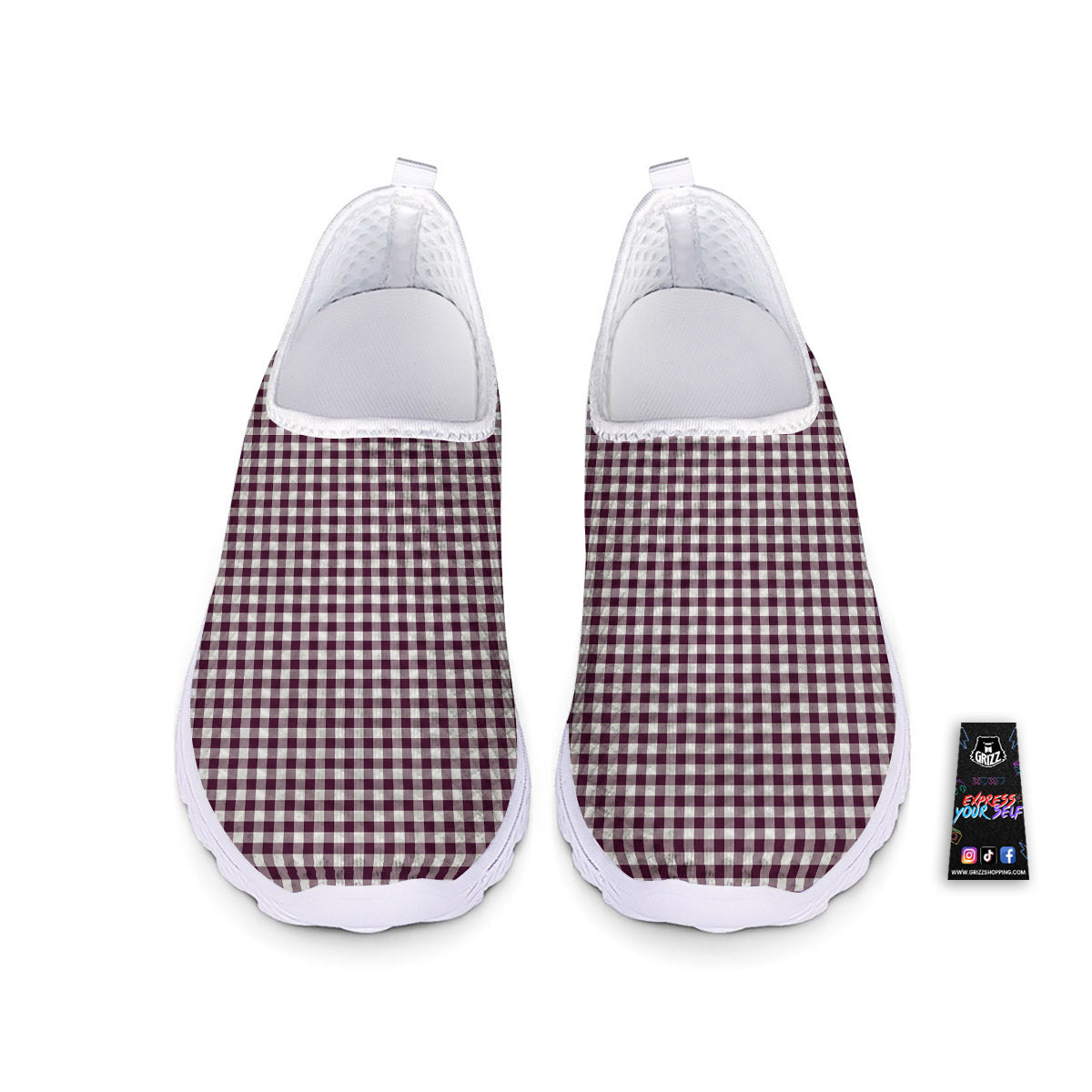 Check White And Burgundy Print Pattern Nurse Shoes-grizzshop