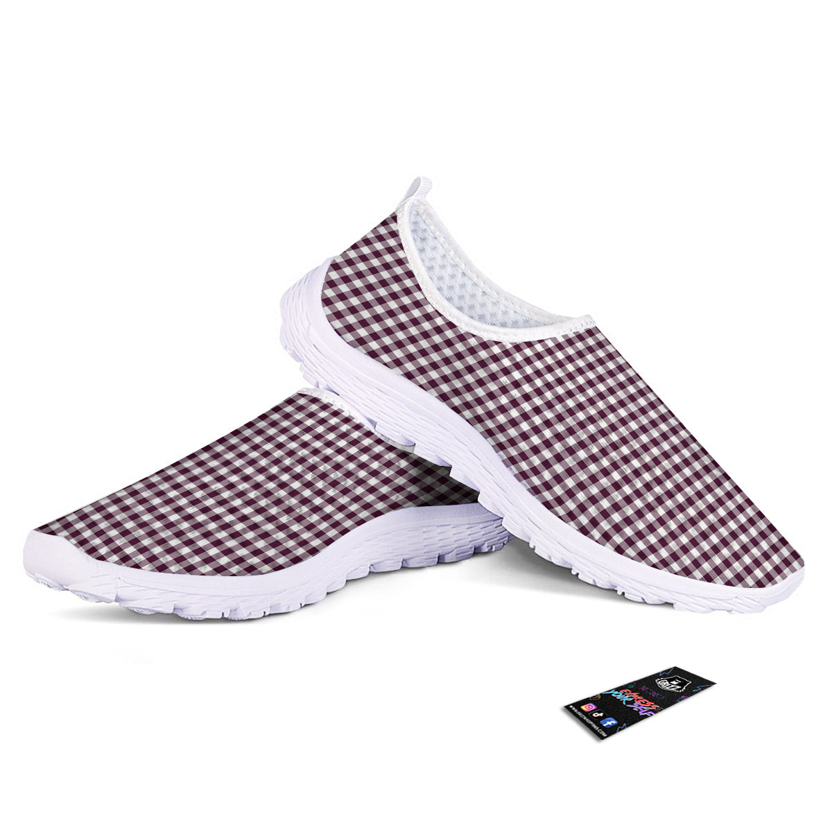 Check White And Burgundy Print Pattern Nurse Shoes-grizzshop