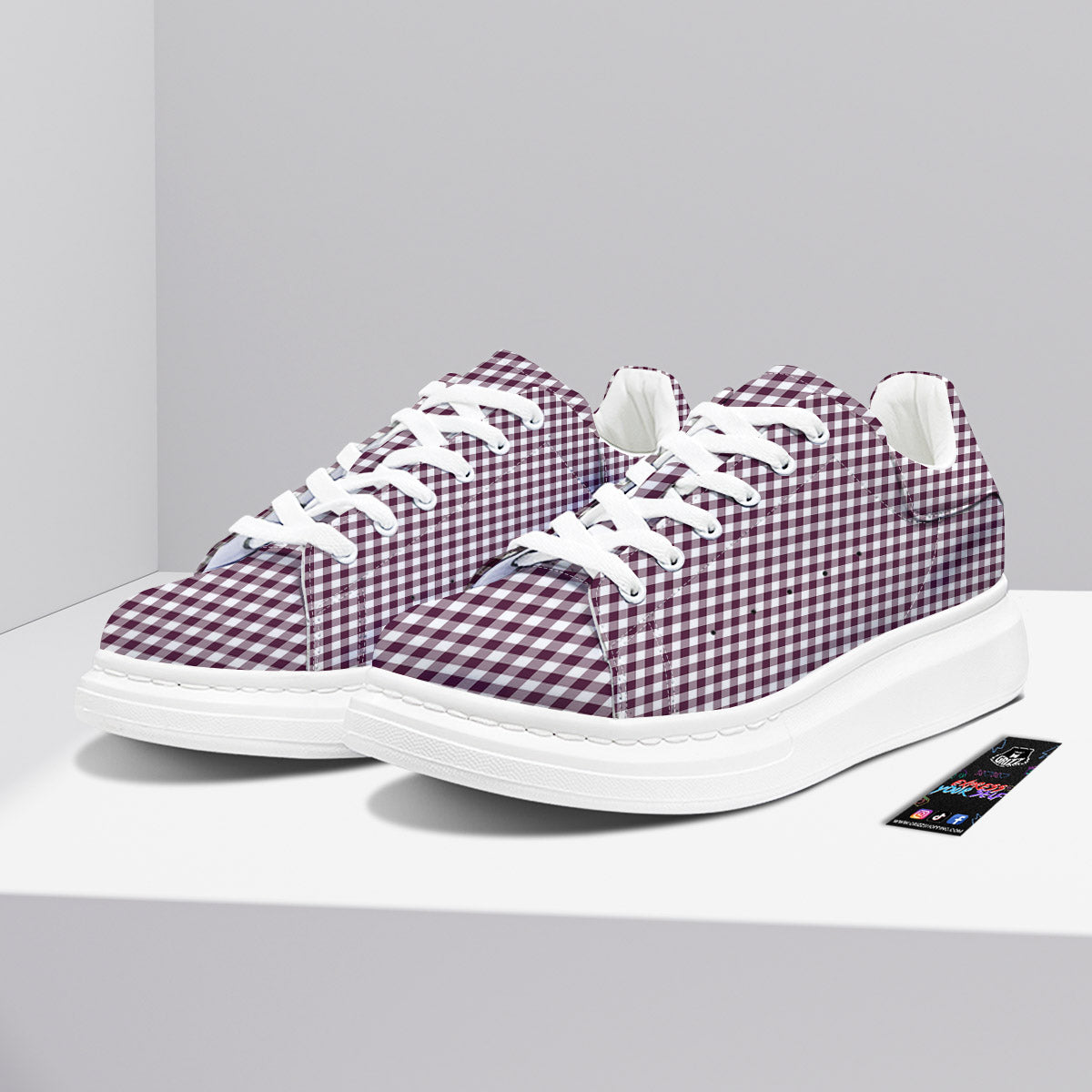 Check White And Burgundy Print Pattern Platform Shoes-grizzshop