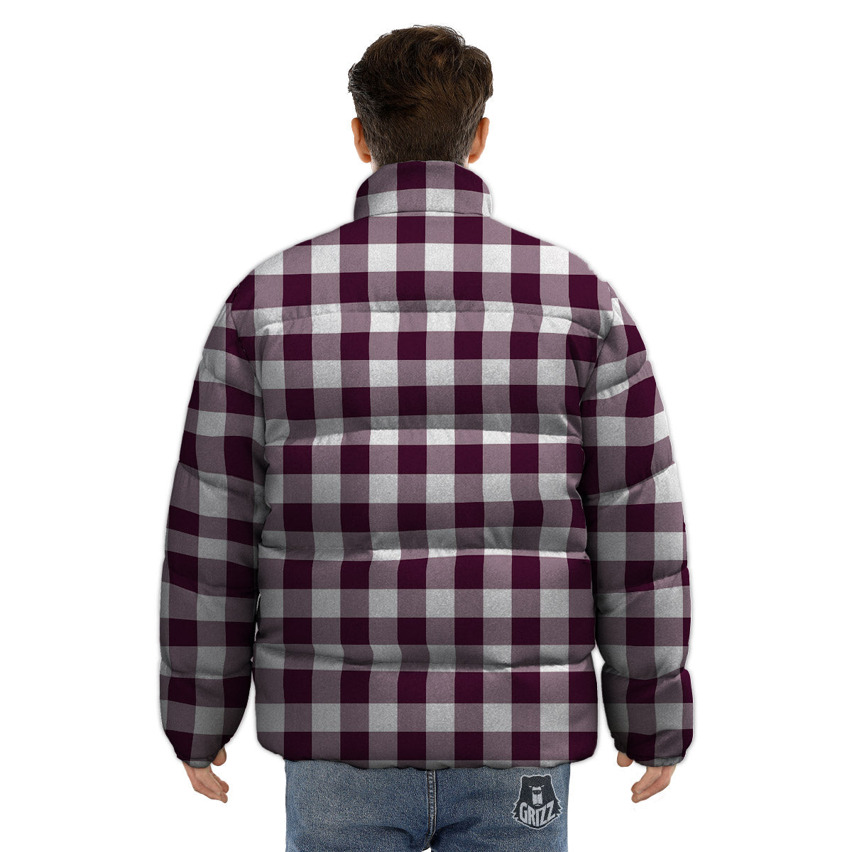 Check White And Burgundy Print Pattern Puffer Jacket-grizzshop