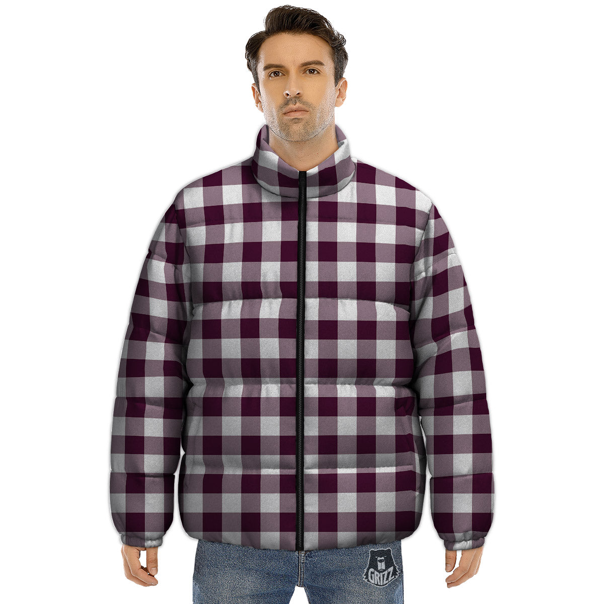 Check White And Burgundy Print Pattern Puffer Jacket-grizzshop