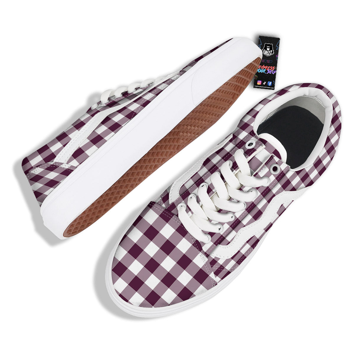 Check White And Burgundy Print Pattern Skate Shoes-grizzshop
