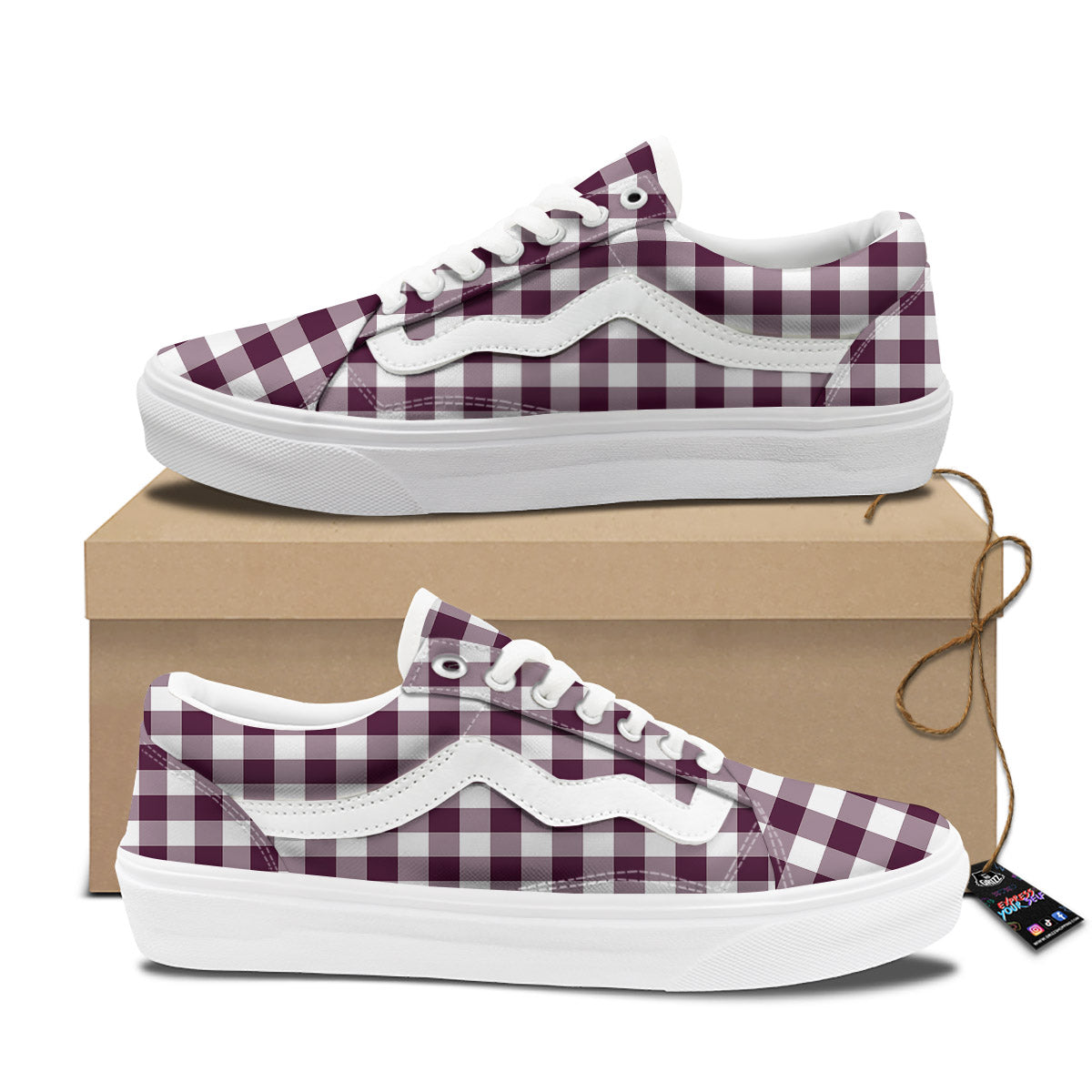 Check White And Burgundy Print Pattern Skate Shoes-grizzshop