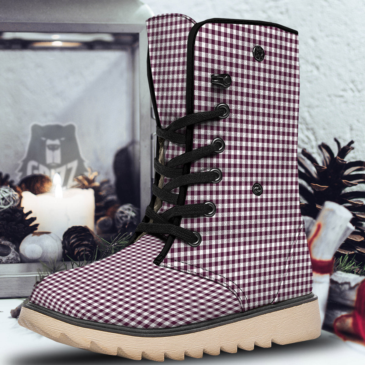 Check White And Burgundy Print Pattern Snow Boots-grizzshop