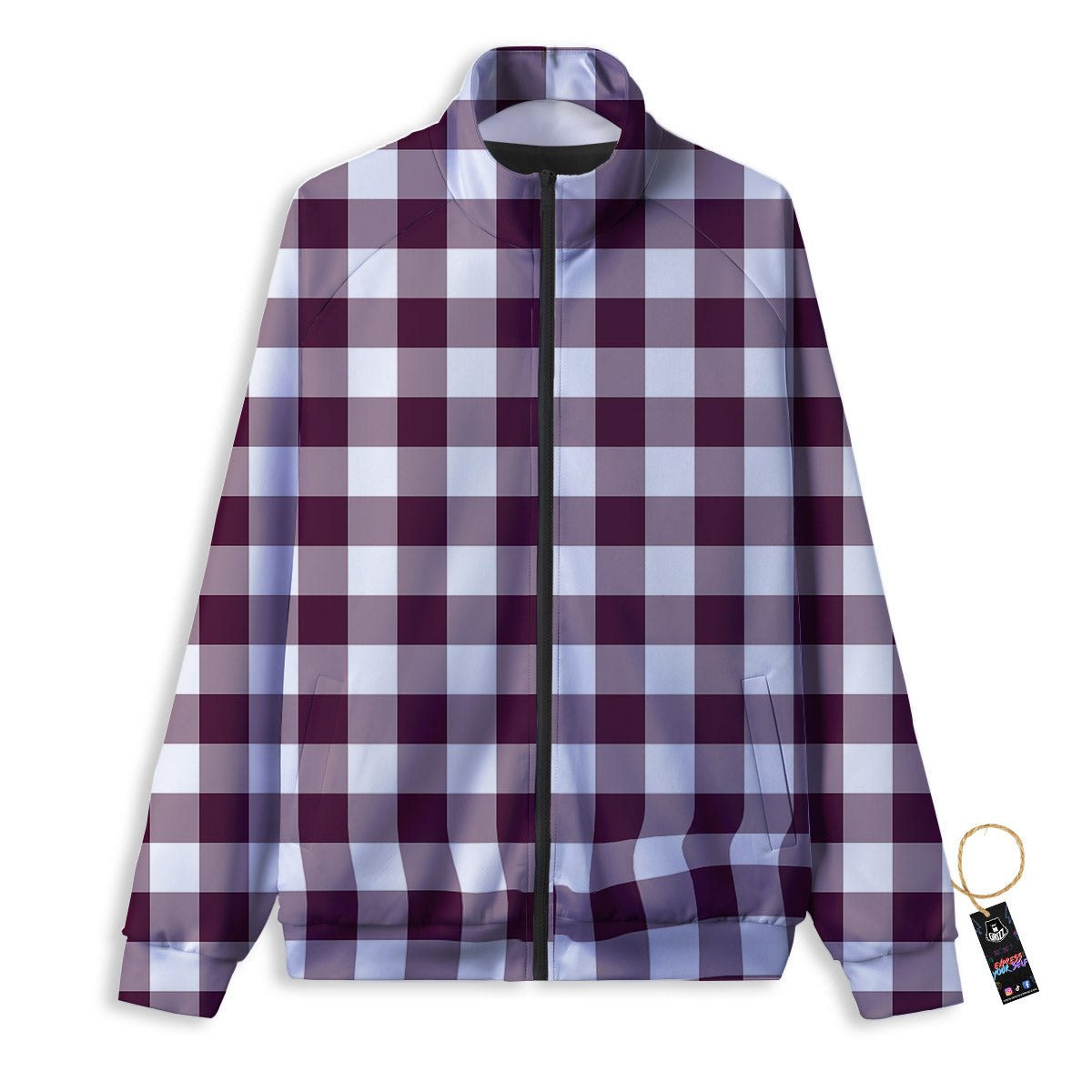 Check White And Burgundy Print Pattern Track Jacket-grizzshop