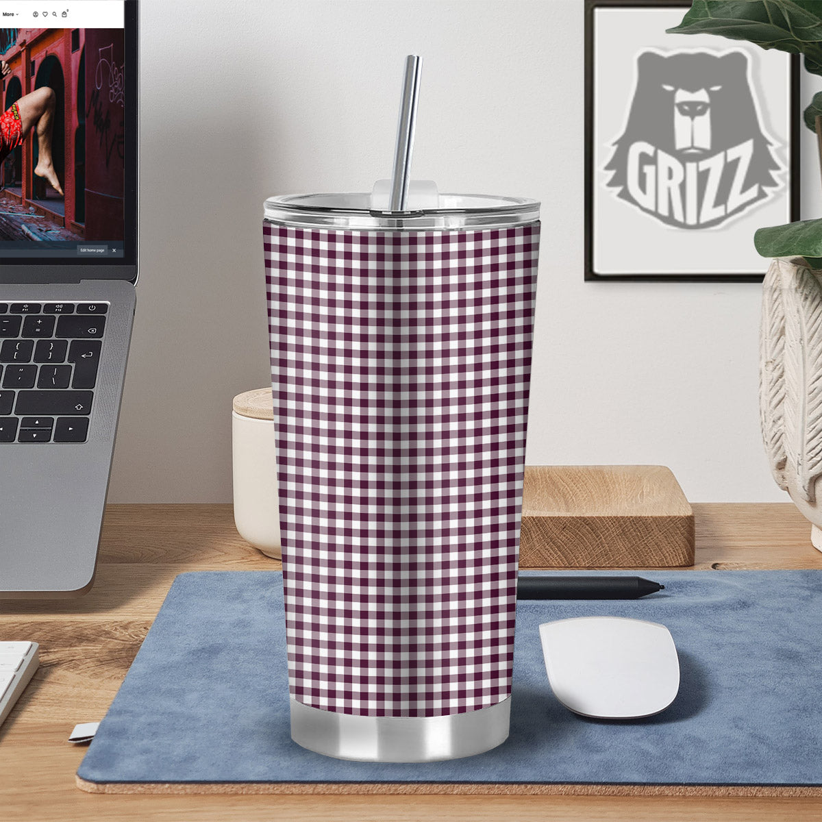 Check White And Burgundy Print Pattern Tumbler-grizzshop