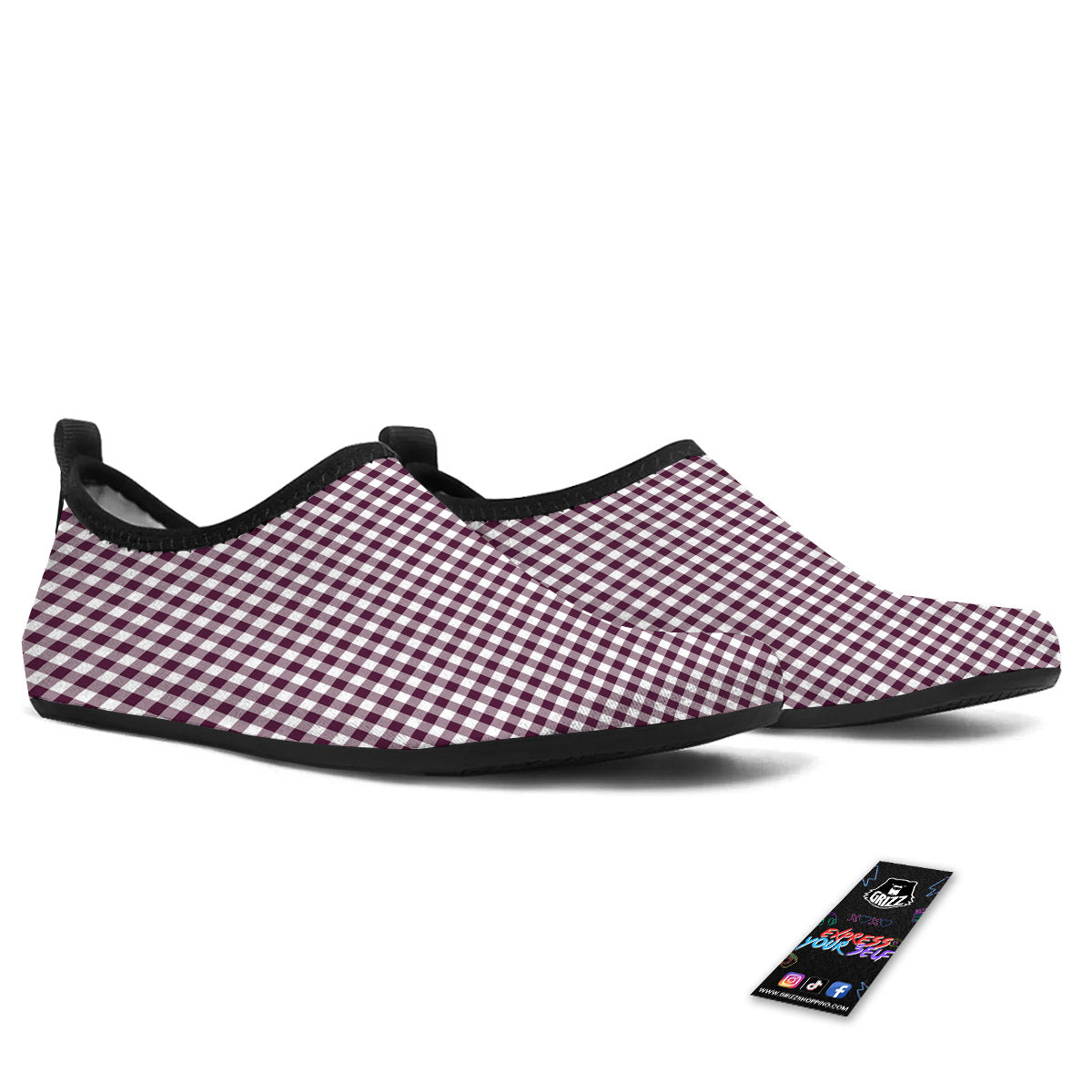 Check White And Burgundy Print Pattern Water Shoes-grizzshop