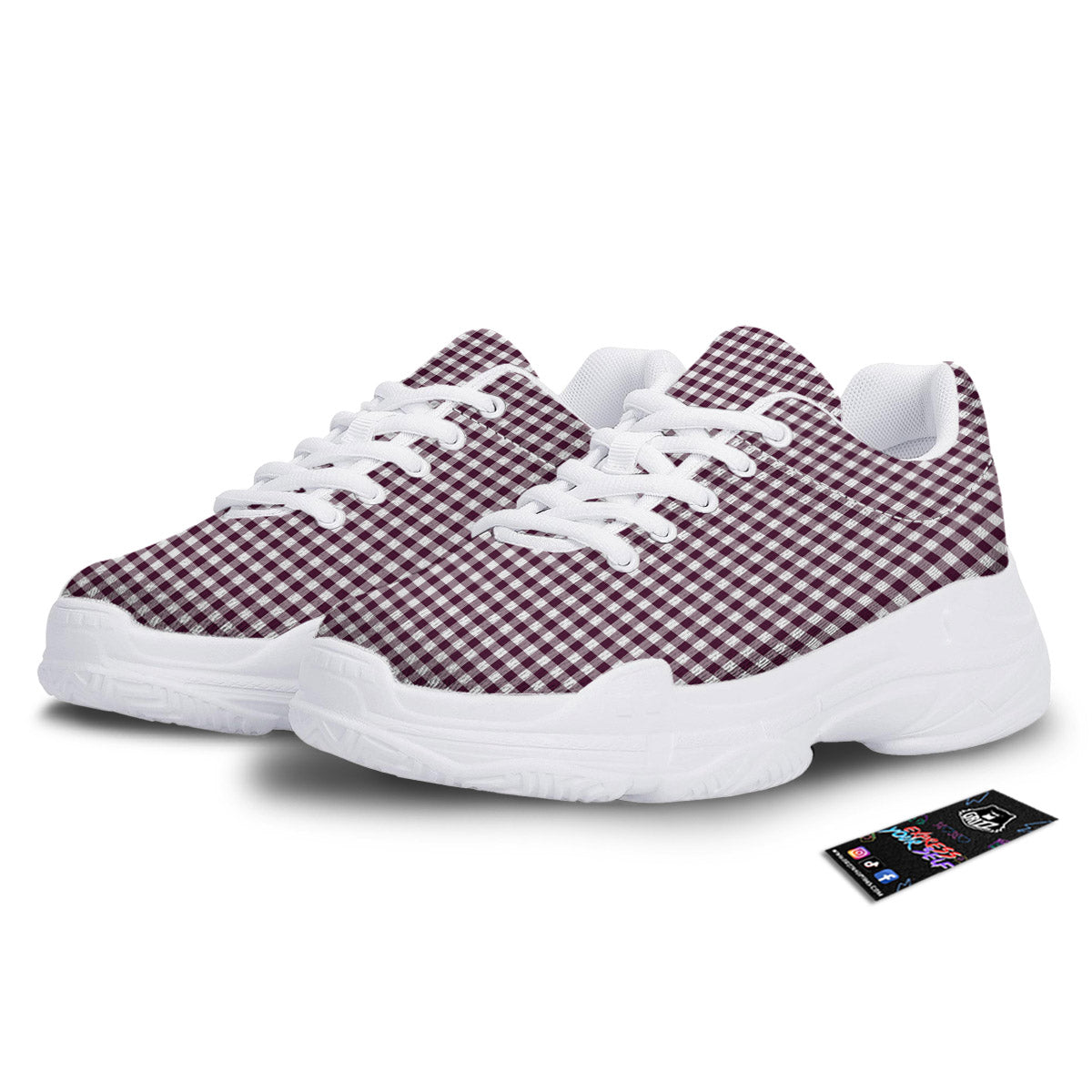 Check White And Burgundy Print Pattern White Chunky Shoes-grizzshop