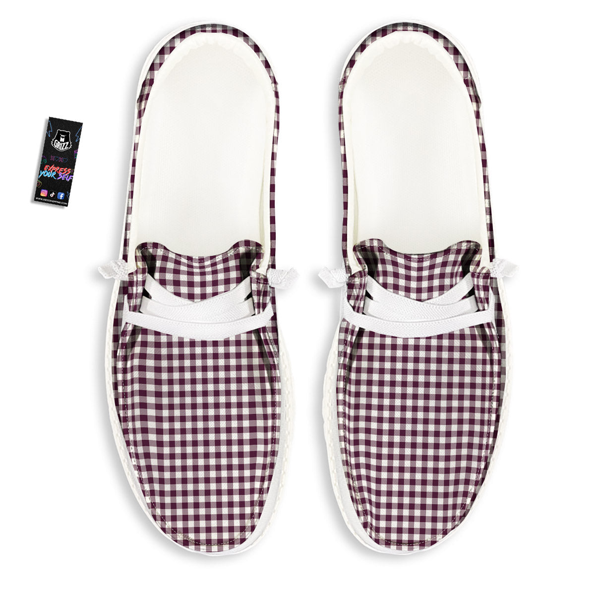 Check White And Burgundy Print Pattern White Loafers-grizzshop