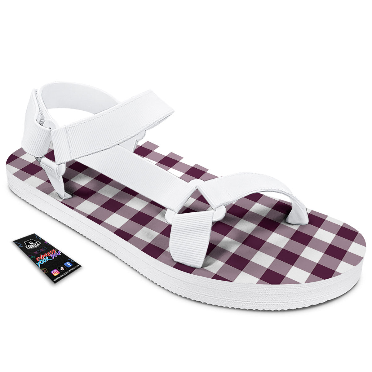 Check White And Burgundy Print Pattern White Open Toe Sandals-grizzshop