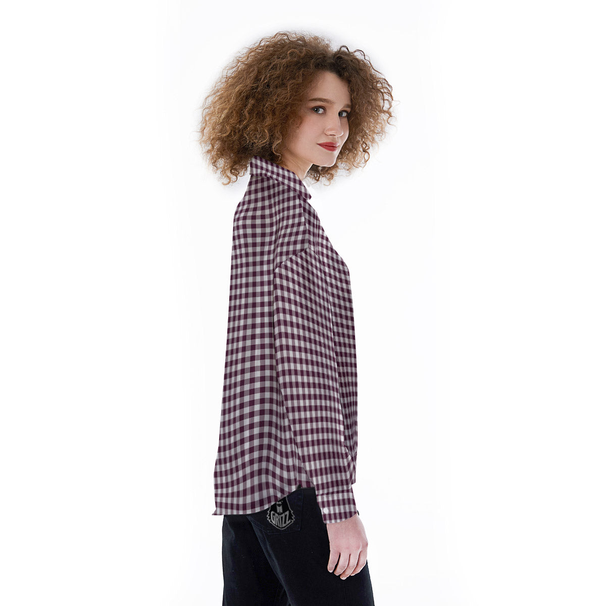 Check White And Burgundy Print Pattern Women's Long Sleeve Shirts-grizzshop