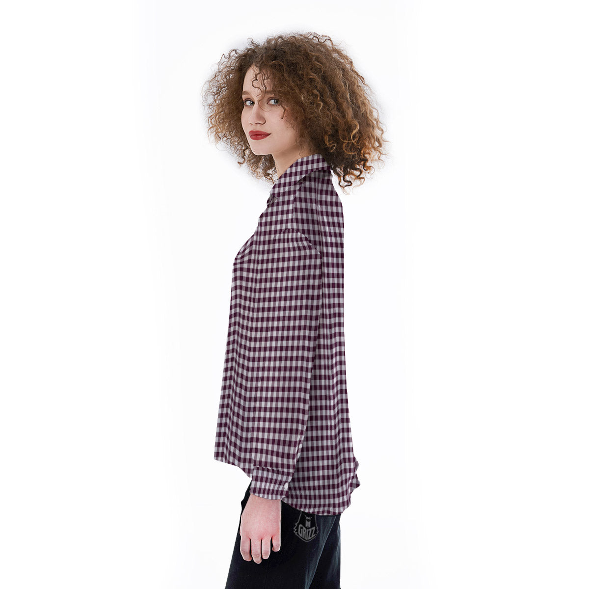 Check White And Burgundy Print Pattern Women's Long Sleeve Shirts-grizzshop
