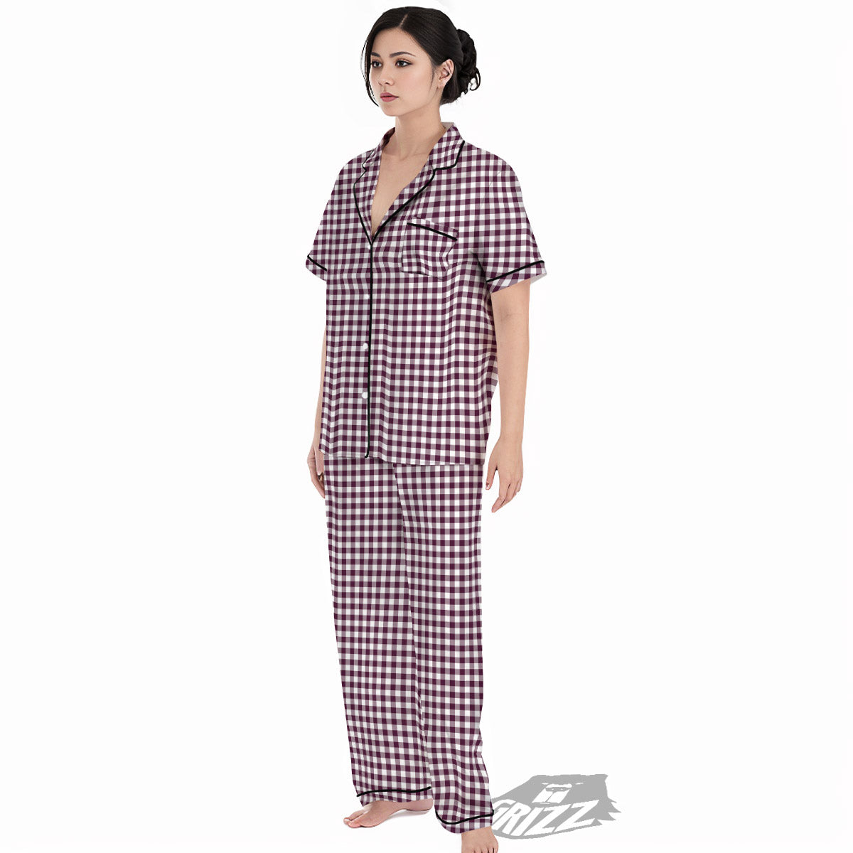 Check White And Burgundy Print Pattern Women's Pajamas Set-grizzshop