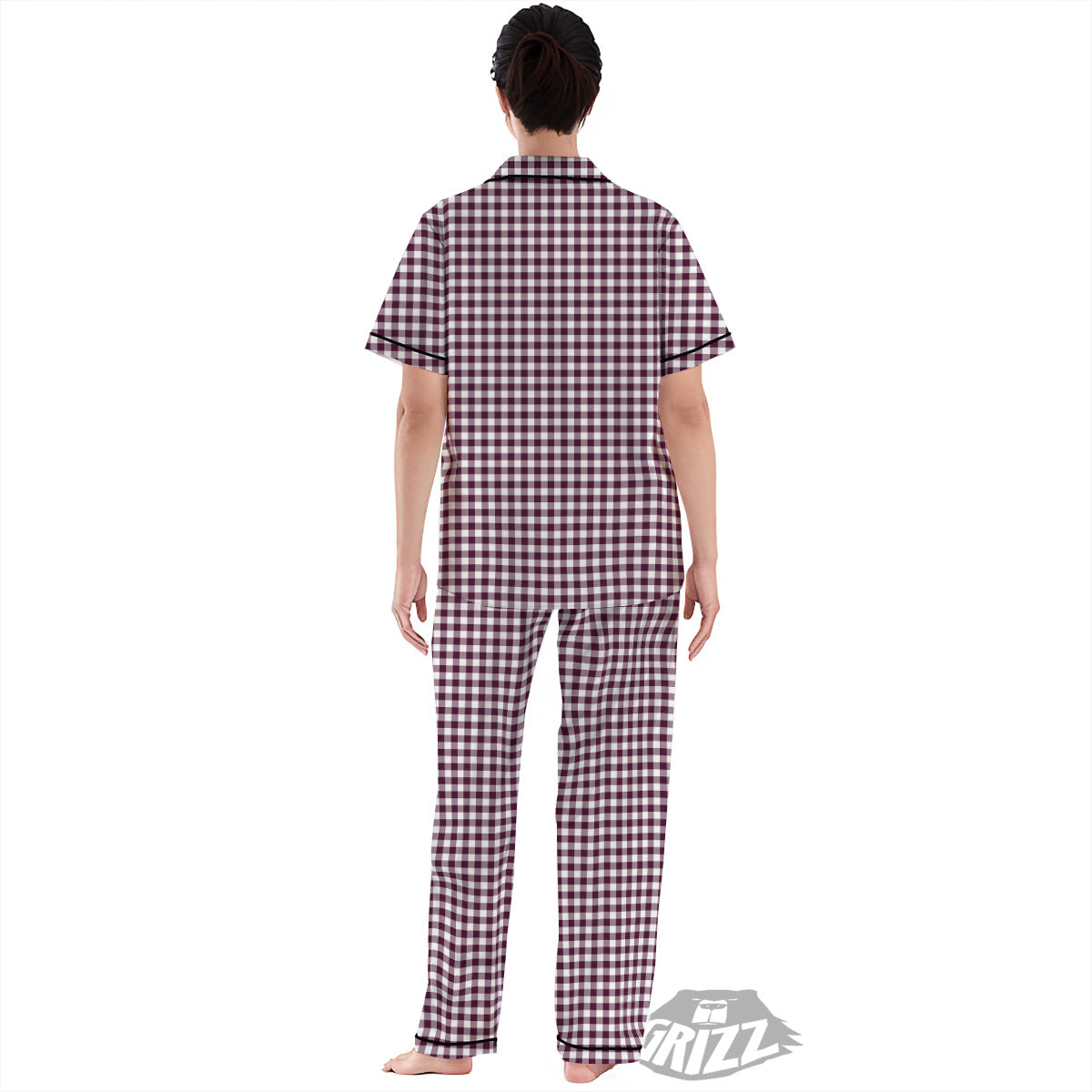Check White And Burgundy Print Pattern Women's Pajamas Set-grizzshop
