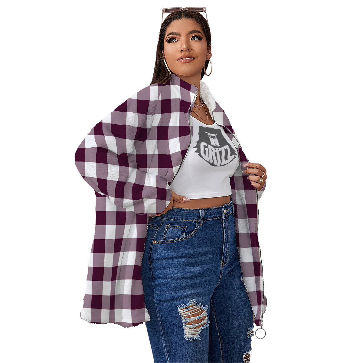 Check White And Burgundy Print Pattern Women's Sherpa Jacket-grizzshop