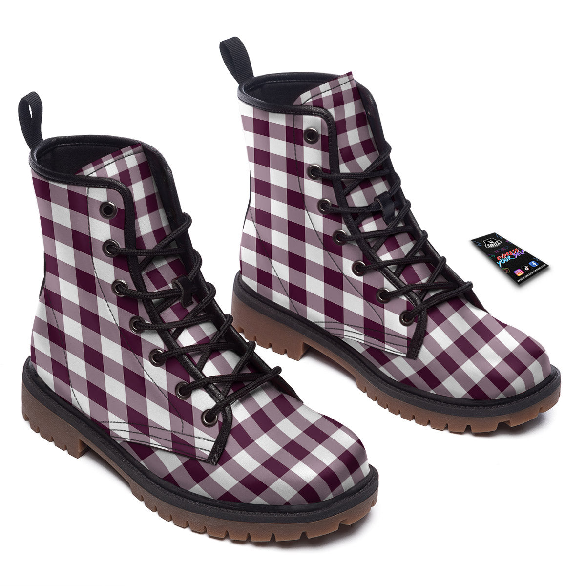 Check White And Burgundy Print Pattern Work Boots-grizzshop