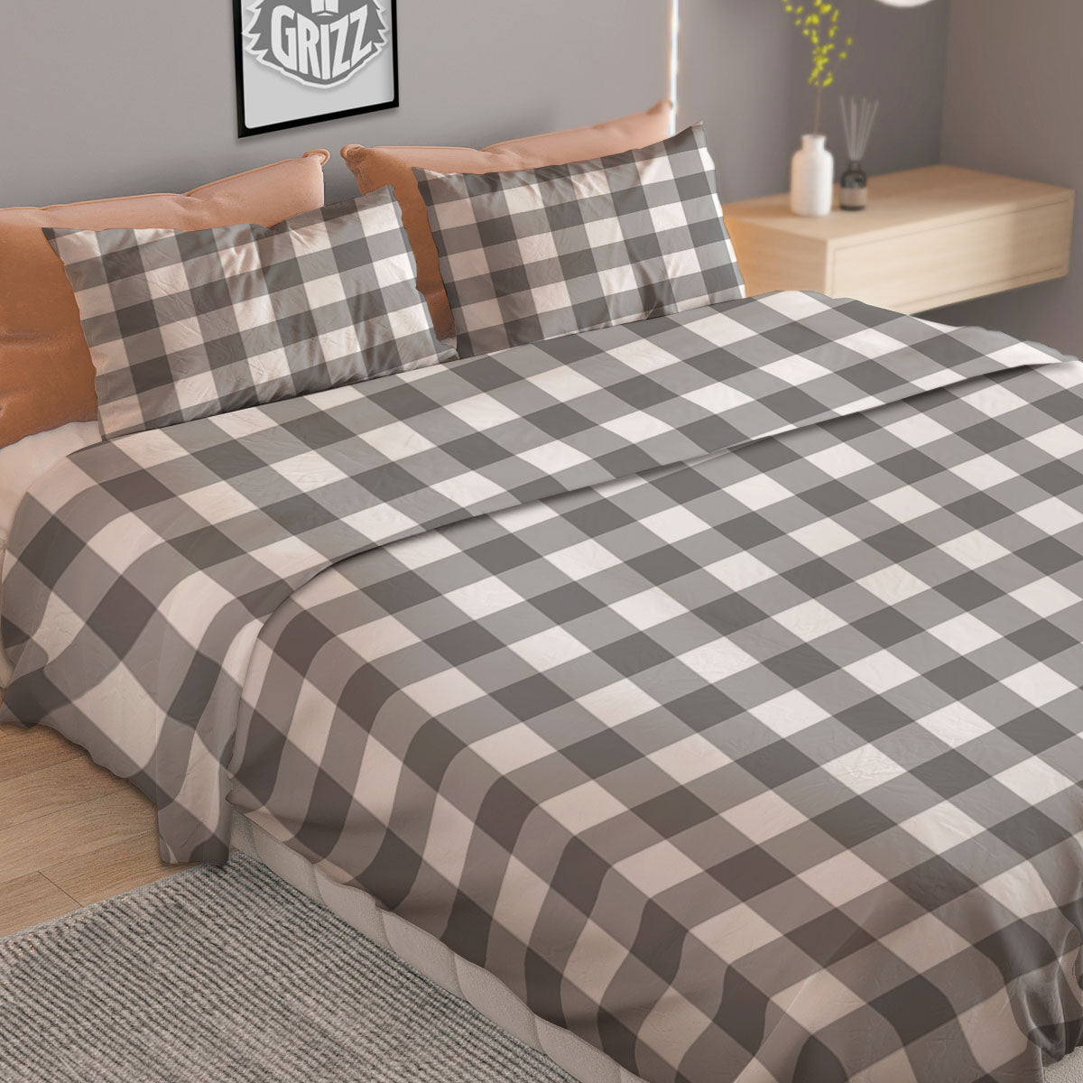 Check White And Grey Print Pattern Duvet Cover Bedding Set