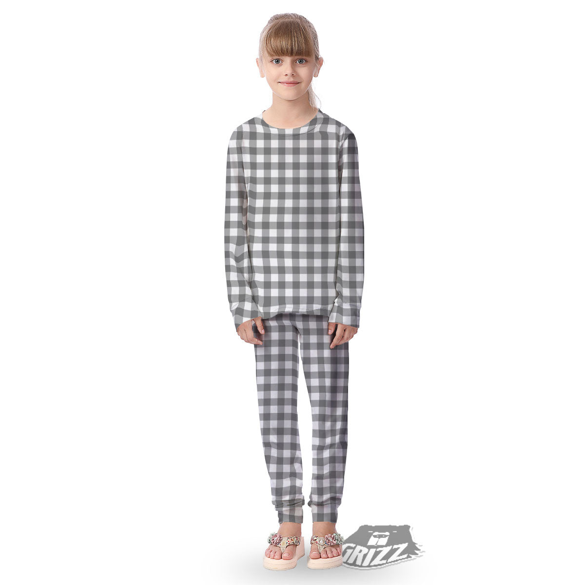 Check White And Grey Print Pattern Kid's Pajamas-grizzshop