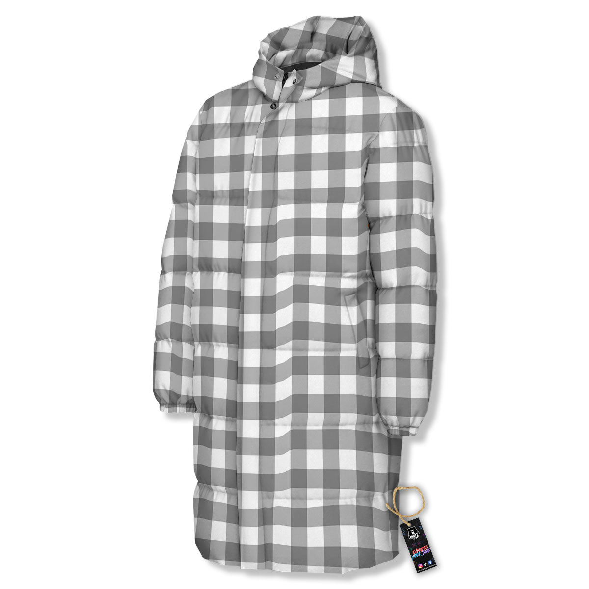Check White And Grey Print Pattern Long Down Jacket-grizzshop