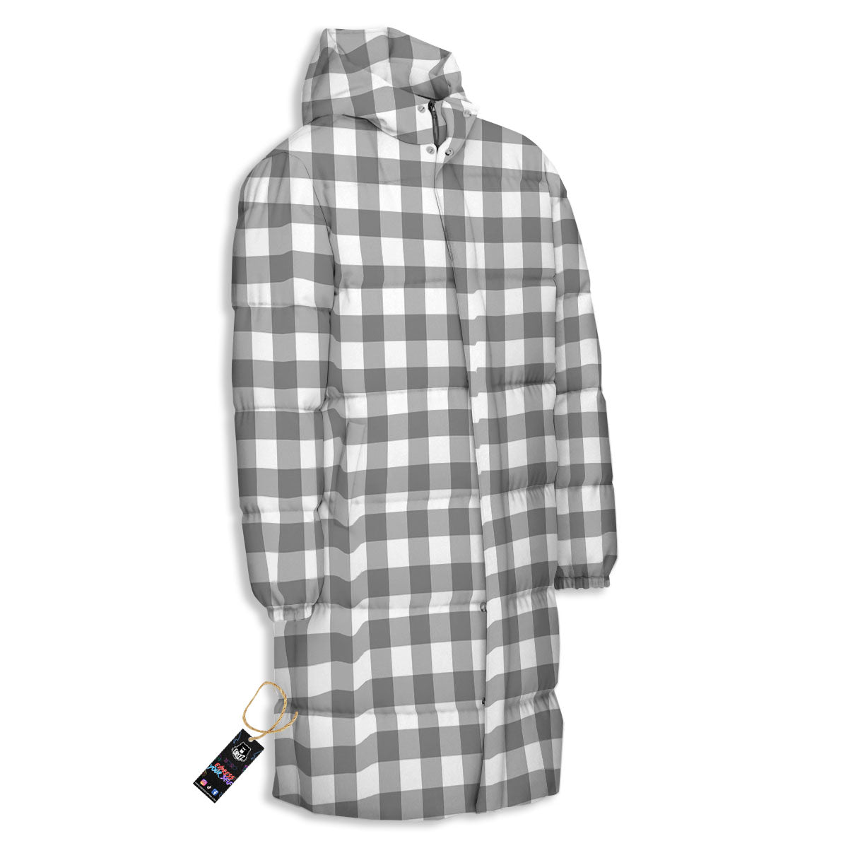 Check White And Grey Print Pattern Long Down Jacket-grizzshop