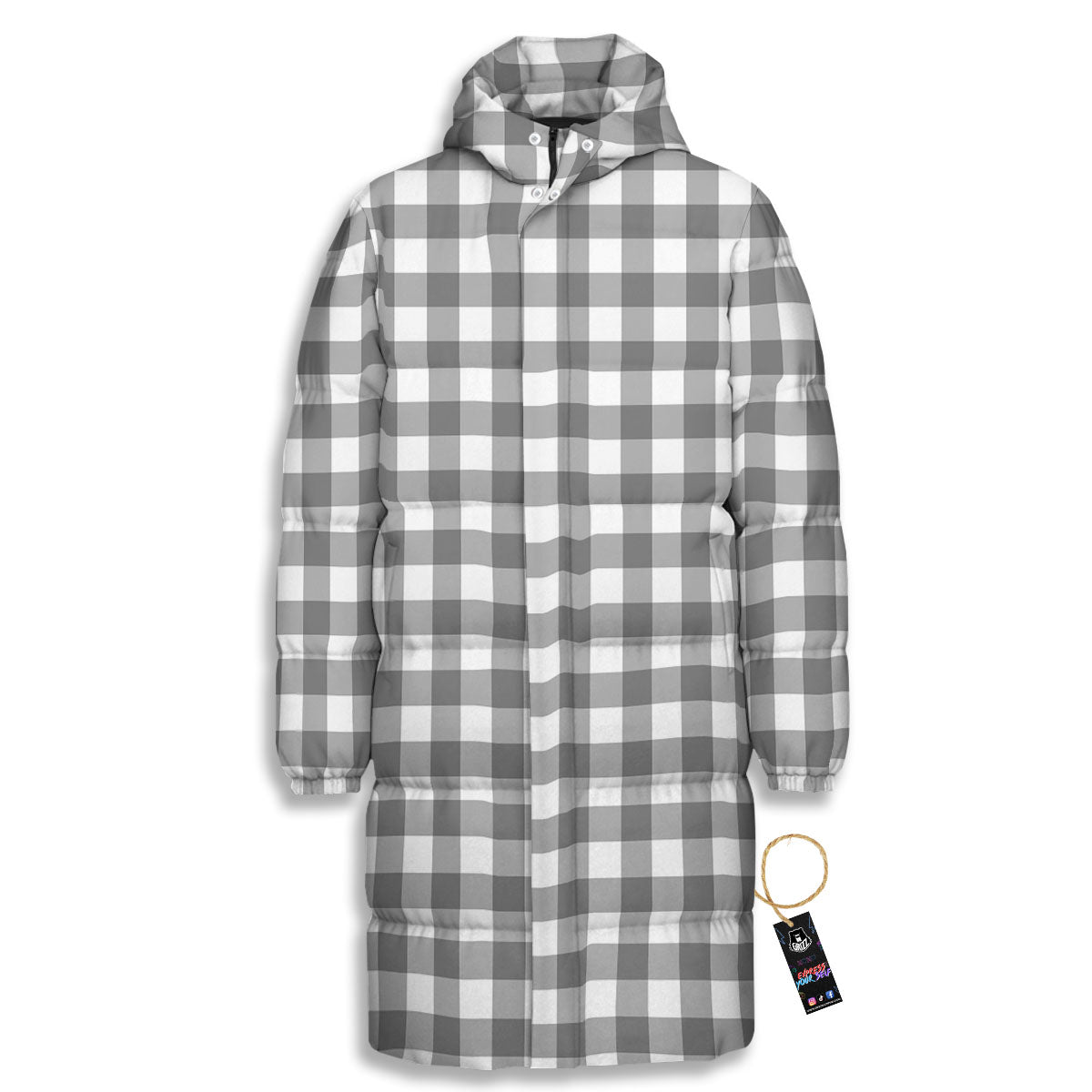 Check White And Grey Print Pattern Long Down Jacket-grizzshop