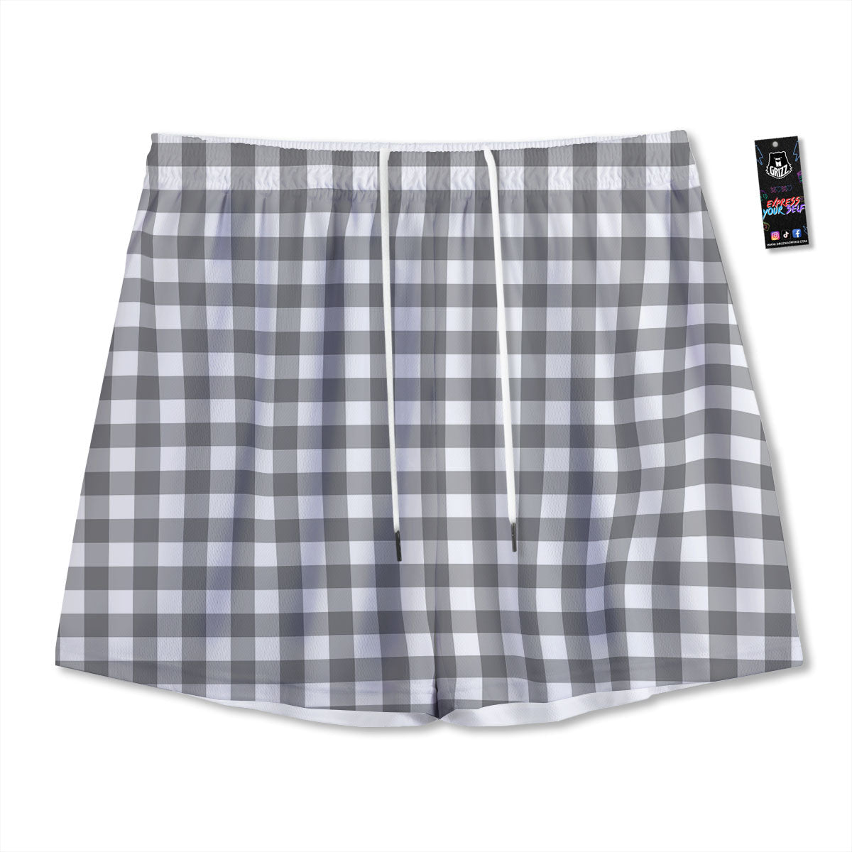 Check White And Grey Print Pattern Mesh Shorts