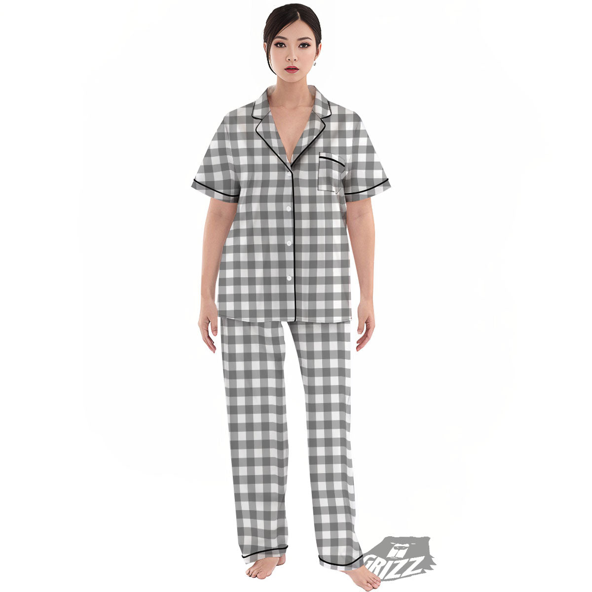 Check White And Grey Print Pattern Women's Pajamas Set-grizzshop