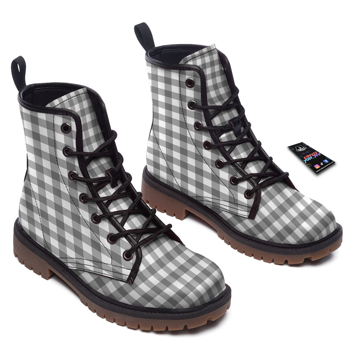 Check White And Grey Print Pattern Work Boots-grizzshop