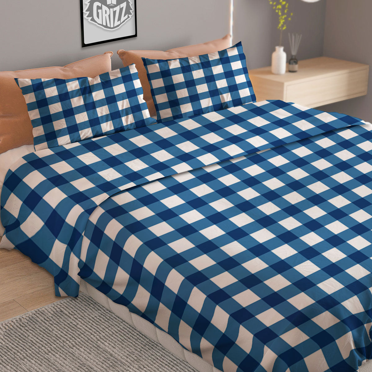 Check White And Navy Print Pattern Duvet Cover Bedding Set