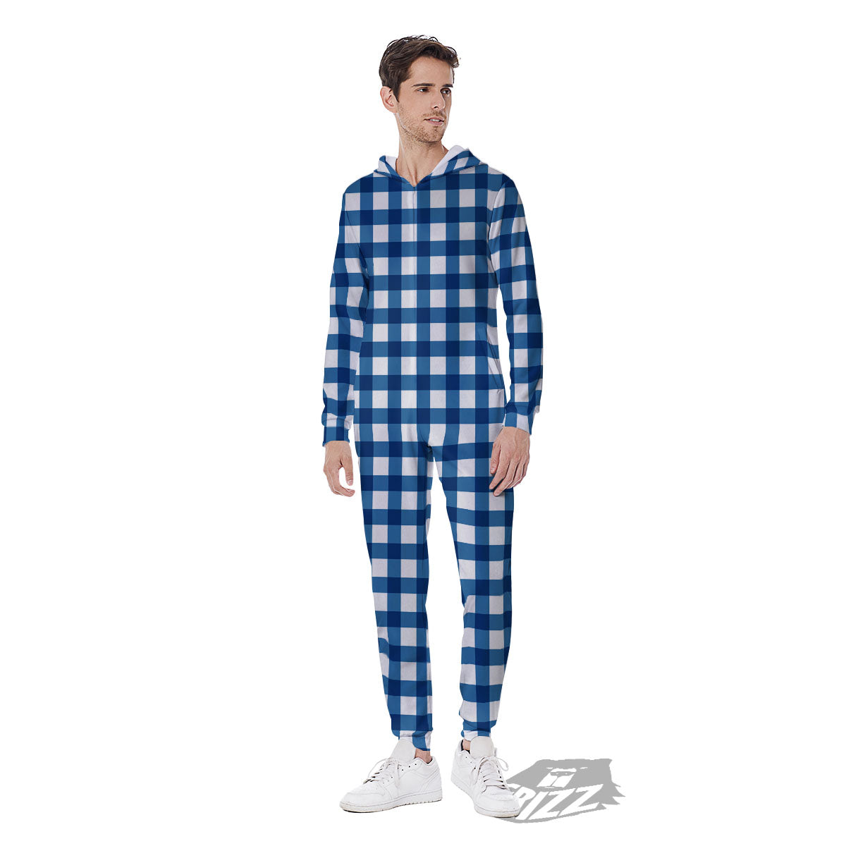 Check White And Navy Print Pattern Men's Jumpsuit-grizzshop