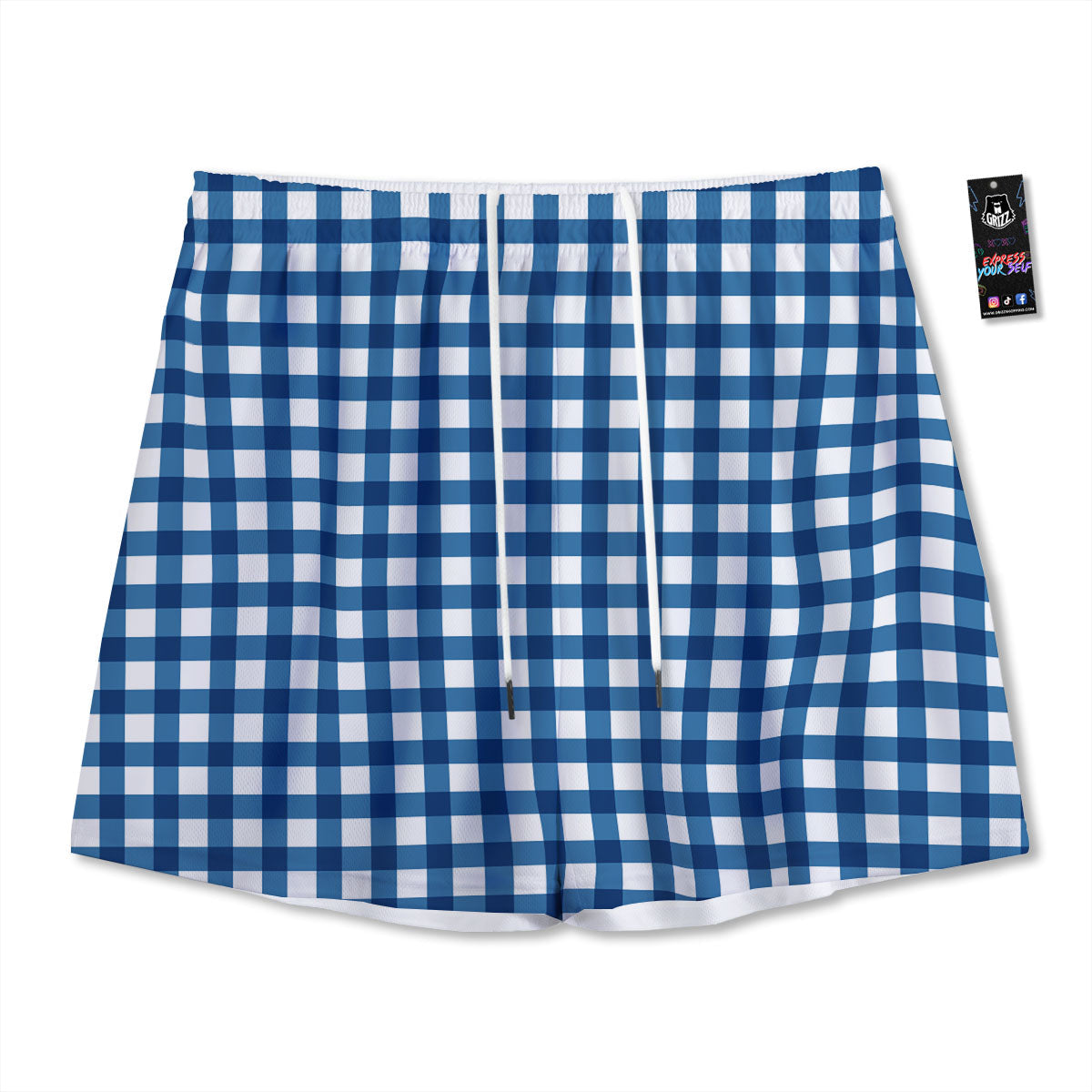 Check White And Navy Print Pattern Mesh Shorts