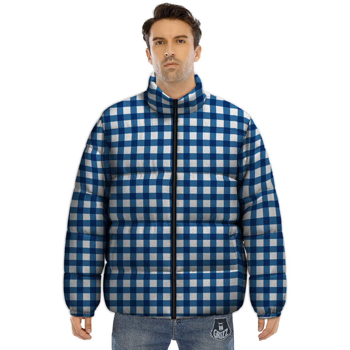 Check White And Navy Print Pattern Puffer Jacket-grizzshop