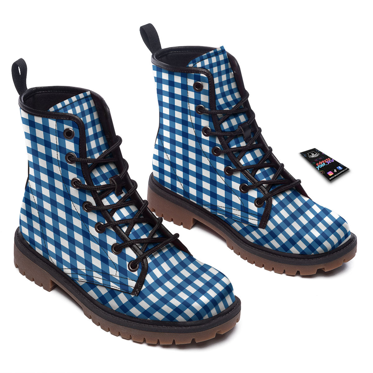 Check White And Navy Print Pattern Work Boots-grizzshop