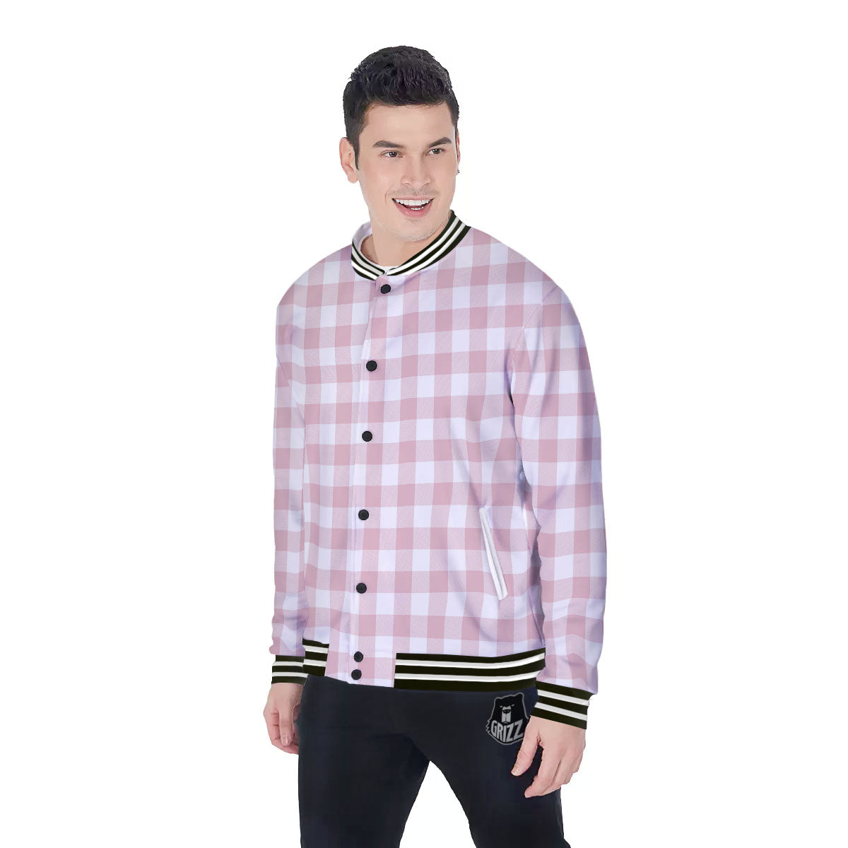 Check White And Pink Print Pattern Baseball Jacket-grizzshop