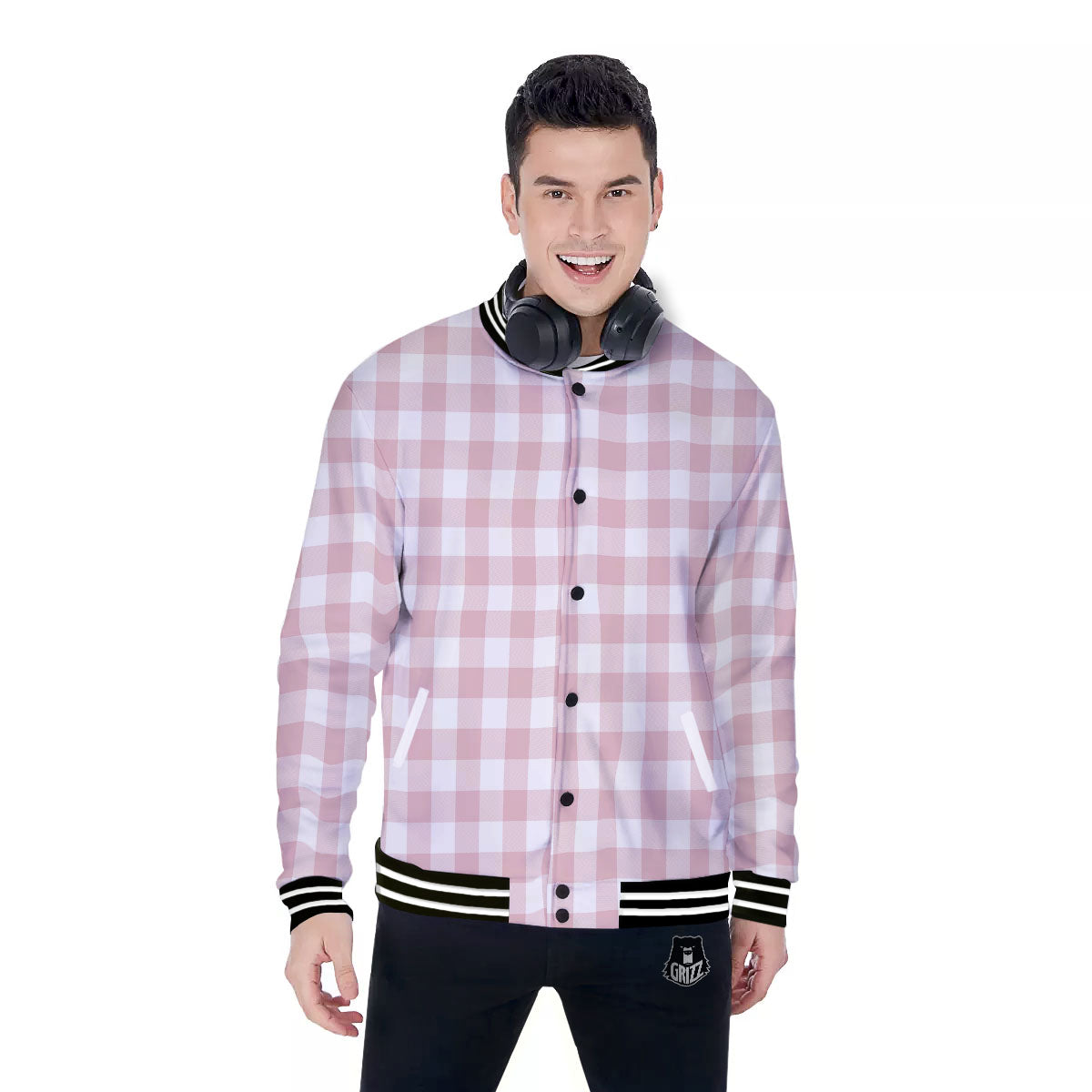Check White And Pink Print Pattern Baseball Jacket-grizzshop
