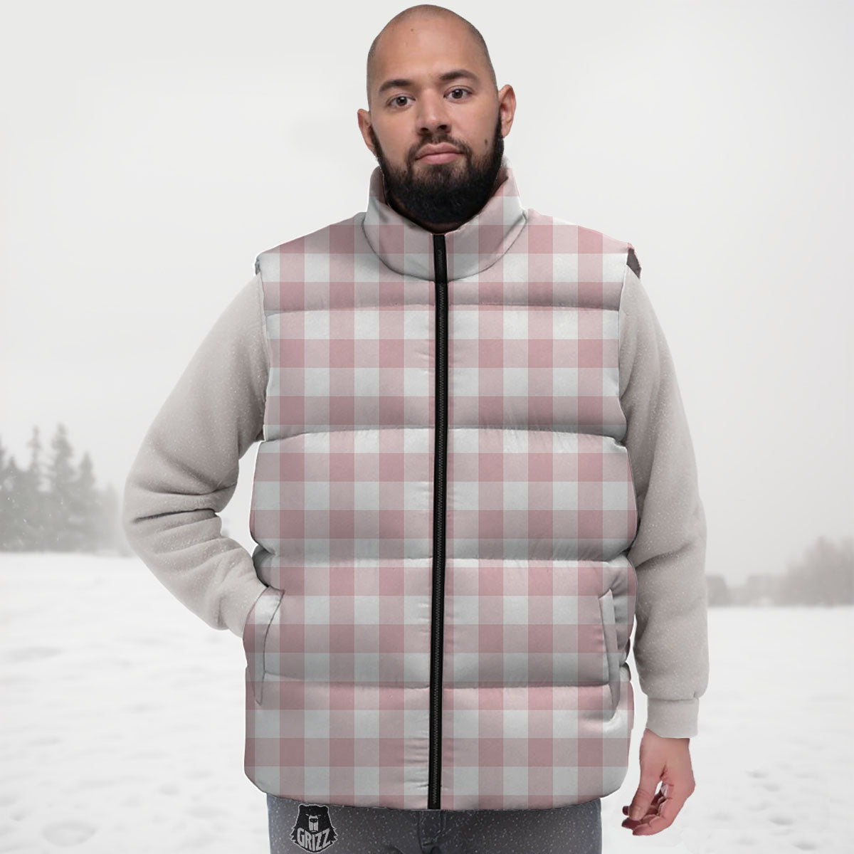 Check White And Pink Print Pattern Down Vest