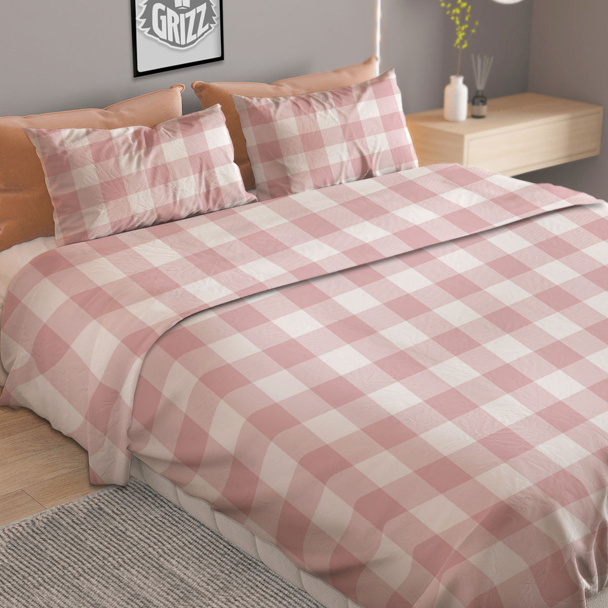 Check White And Pink Print Pattern Duvet Cover Bedding Set